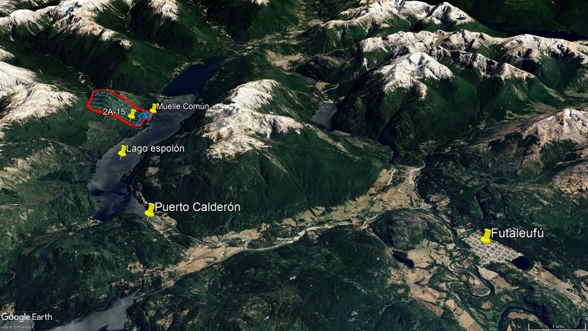 Vista satelital regional — Lago Espolón, Futaleufú y ubicación del Lote 2A-15